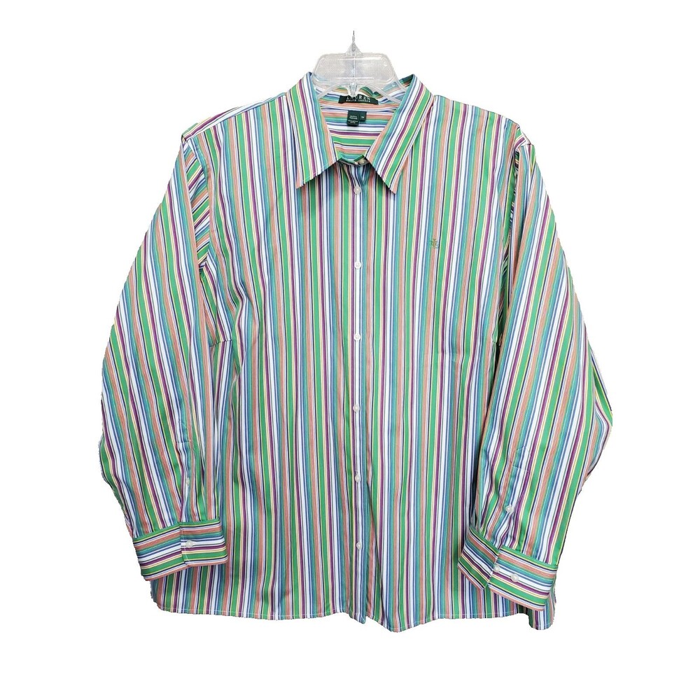 Lauren Ralph Lauren Women's 100% Cotton Rainbow Stripe Roll-Tab Button-Up Top 3X